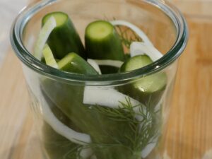 Gurken in Einlegeglas legen und mit Zwiebeln, Dill und Kräutern füllen